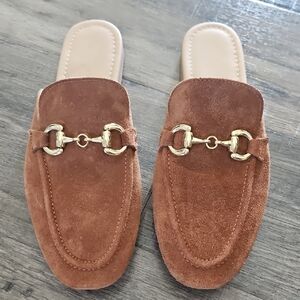 Brown Suede Loafers with Gold Buckle.